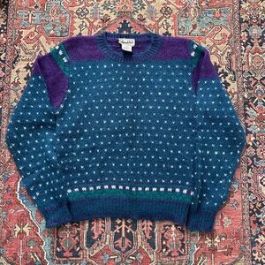Vintage Alpenblick Teal and Purple Birdseye Ski Sweater Womens M Wool blend